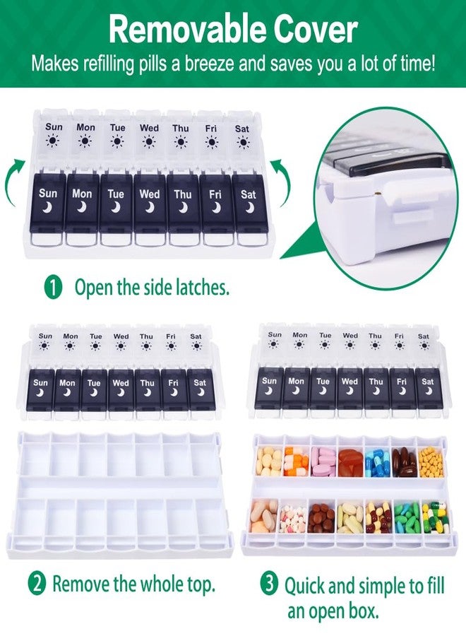 Shintop Pill Organizer 2 Times a Day, Easy Fill Weekly Pill Box Am Pm Push Button Pill Container 7 Day Medicine Organizer for Vitamins Supplements （Black&White） - Image 3